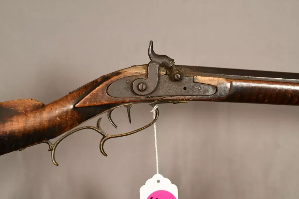 .32 cal. Percussion half-stock rifle, 38” octagon barrel, Antique